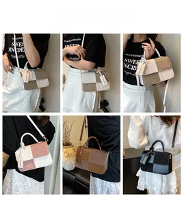 Detail shots of patchwork crossbody bag featuring PU leather and suede textures