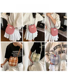 Detailed views of checkered canvas crossbody bags in multiple colors and patterns