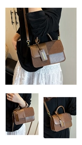 Close-up of contrast brown handbag showing textured leather拼接 and gold metal hardware