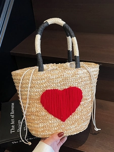 Handmade Straw Woven Tote Bag Embroidered Heart Duck Pattern Summer Beach Vacation Shoulder Bag Drawstring Closure Handbag For Women