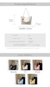 Detailed size chart showing 33x29x12cm dimensions for the leather tote bag with a bear charm