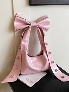 Damen Mode Niete Schleife Umhängetasche PU Leder Glänzende Hobo Tasche Unterarmtasche Für Sweet Cool Spice Girl Streetwear