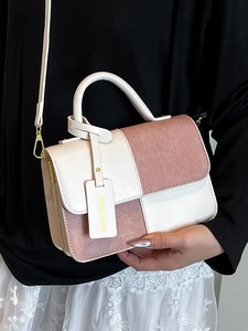 Fashion contrast color plaid handbag with pink suede and white leather shoulder strap