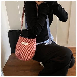 Detail of red and white checkered canvas crossbody bag worn by a model in a home setting