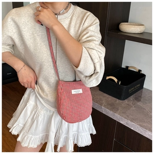 Detailed view of red and white plaid mini crossbody bag with a white woven label on the front