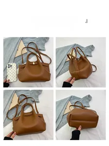 Detailed views of brown lychee grain leather bucket bag with gold hardware from four angles
