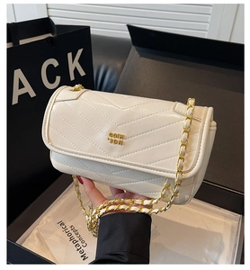 Detail of off-white quilted chain bag featuring V-shaped texture and gold logo