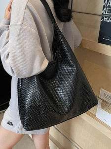 Large black woven leather tote bag for women, stylish minimalist hobo shoulder bag for work