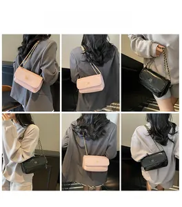Detailed views of crossbody chain bag in pink and black colors shown on model