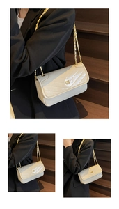 Three-way view of a beige chain bag featuring diagonal stitching and a gold logo