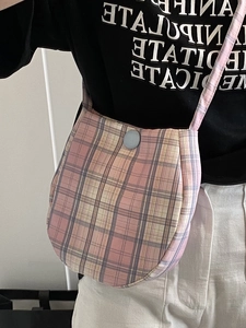 Chic pastel plaid crossbody bag with soft fabric and round decorative buckle for daily wear