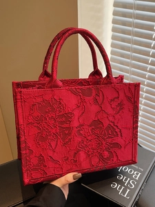 Elegant Red Embroidered Wedding Tote Bag For Bride Vintage Floral Jacquard Fabric Handbag Large Capacity Festive Gift Bag
