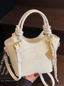 Fashion Embossed Cartoon Animal PU Leather Bucket Bag For Women Cute Rabbit Bear Pattern Crossbody Handbag With Tassel