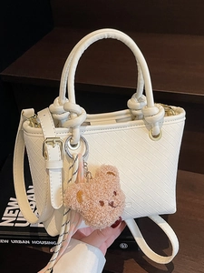 Fashion Women Woven PU Leather Bucket Bag Minimalist Crossbody Shoulder Bag With Bear Pendant For Daily Commute Work