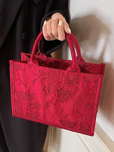 Elegant red bridal tote bag with floral jacquard embroidery and top handles