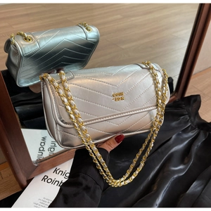 Detailed macro view of silver quilted oil wax leather chain bag with gold metal logo