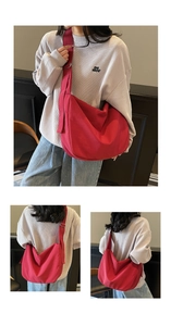 Detailed views of red canvas messenger bag showing adjustable strap and large capacity