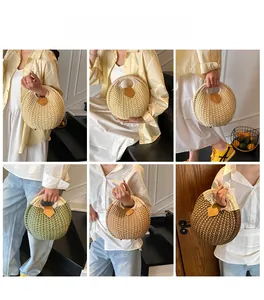 Detail showing various colors of woven straw circle bags with leather trim and handles