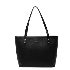 Minimalist black woven tote bag with large capacity and gold metal trim on white background