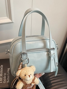 Women Vintage Oil Wax PU Leather Pillow Bag Minimalist Handbag Versatile Crossbody Square Bag With Teddy Bear Pendant