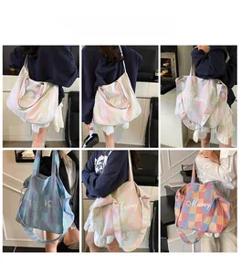 Collage of checkered corduroy tote bags showing daily commute wear with Mearey embroidery