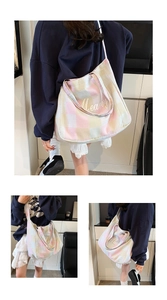 Detailed views of checkered canvas tote bag with Meaney embroidery and macaron plaid pattern