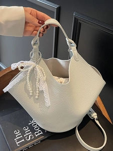 Women Korean Style Litchi Pattern Bucket Bag With Lace Artificial Pearl Bow Pendant Fashion PU Leather Crossbody Handbag
