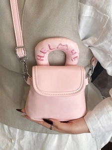 Minimalist light pink PU leather mini crossbody phone bag with embroidered handle