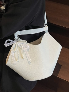 Elegant white litchi pattern bucket bag with pearl lace bow charm for women