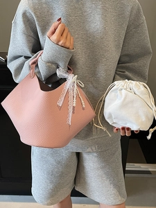Pink litchi texture tote bag with white lace bow and pearl charm including inner pouch