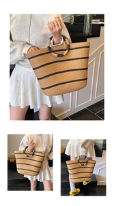 Detail view of large straw beach tote bag featuring black striped patterns and round handles