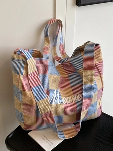 Korean Style Large Capacity Seersucker Plaid Tote Bag For Women Casual Plaid Shoulder Bag With Letter Embroidery Commuting Travel Handbag