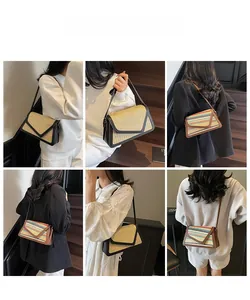 Multiple views of a colorful straw crossbody bag with leather trim on a model