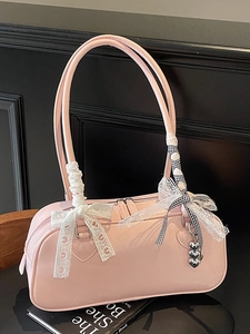 Korean Style Sweet Lace Bow Shoulder Bag For Women Vintage PU Leather Boston Bag With Heart Charm Fashion Commuting Handbag
