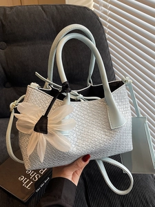 Women Woven PU Leather Bucket Bag Fashion Simple Crossbody Handbag With Flower Charm And Sub-bag Urban Commute Bag