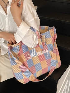 Colorful plaid canvas tote bag with Mearey embroidery for casual daily commuting