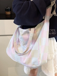 Pink and green plaid tote bag with Meow script for casual summer daily commuting