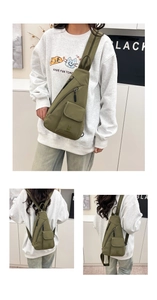 Detail view of military green nylon crossbody bag showing front and side wear perspectives