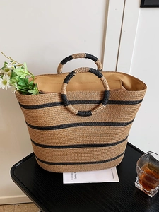 Women Straw Woven Tote Bag Large Capacity Striped Handbag Round Handle Summer Beach Vacation Casual Forest Style Bag