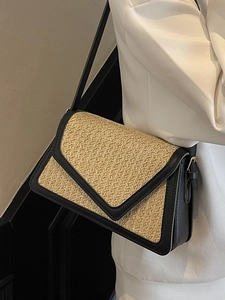 Rainbow straw woven small square crossbody bag with black leather trim and V-shaped flap