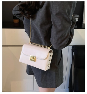 Detail of ivory crossbody bag with gold chain strap and metallic twist lock on side view