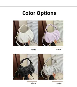Fish scale pattern hobo bags in white, purple, black, and silver with ruched handles