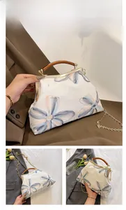 Detailed views of floral embroidery handbag with wood handle and gold chain strap
