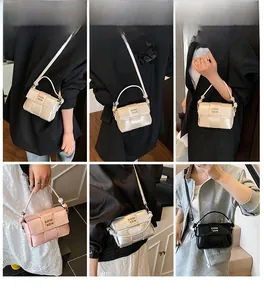 Multiple views of a woven leather mini square bag in beige, pink, silver, and black