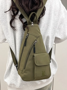 Olive green utility chest bag for men and women featuring multi-pocket design and nylon fabric