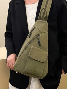 Army green nylon chest bag for men and women featuring a multi-pocket utility design