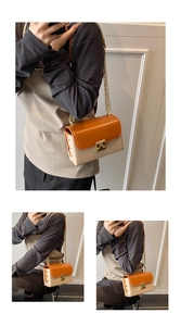 Detail of orange and beige crossbody bag featuring gold chain strap and metal lock closure