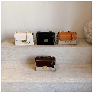 Detail of elegant small square bags with gold metal locks and chain straps in four colors
