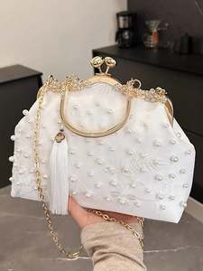 Vintage Floral Embroidery Evening Bag For Women Luxury Artificial Pearl Rhinestone Handbag With Tassel Metal Chain Strap Party Purse