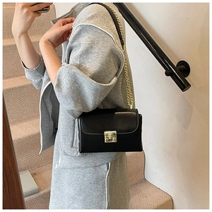Detail of a black leather crossbody bag with a gold chain strap and square push buckle